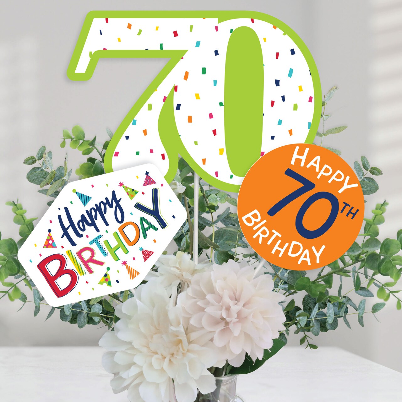 Big Dot of Happiness 70th Birthday - Cheerful Happy Birthday - Colorful Seventieth Birthday Party Centerpiece Sticks - Table Toppers - Set of 15